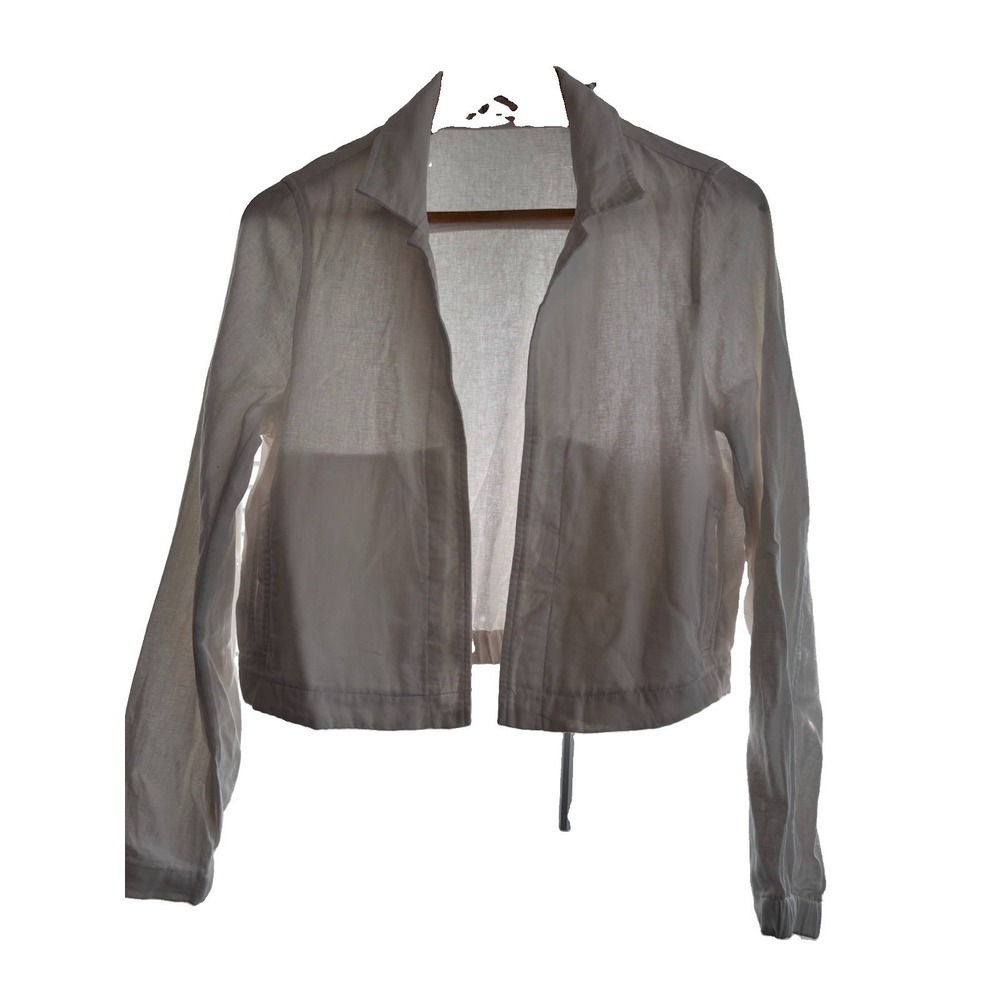 Philosophy Linen Blend White Jacket Med Open Front Cropped Balloon Sleeves
